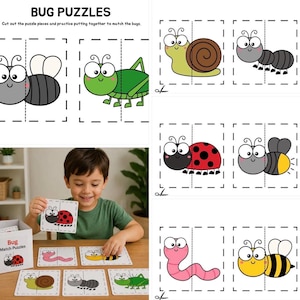 May include: Bug puzzles for kids featuring colorful illustrations of insects like bees, ladybugs, and snails. The puzzles are designed to be cut out and matched, promoting fine motor skills and problem-solving. The box reads "Bug Match Puzzles".