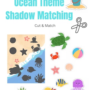 Puede incluir: Un juego de Ocean Theme Shadow Matching con criaturas marinas coloridas y sus sombras. Incluye una tortuga, un cangrejo, una estrella de mar, un pez y una medusa. El texto "Ocean Theme Shadow Matching" y "Cut & Match" se muestran en la imagen.