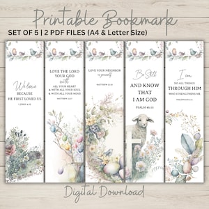 Puede incluir: Conjunto de cinco marcapáginas imprimibles con diseños florales de acuarela y citas inspiradoras. Los marcapáginas presentan una variedad de imágenes con temática de Pascua, incluyendo huevos, pájaros y un cordero. Las citas incluyen "Amamos porque Él nos amó primero", "Ama al Señor tu Dios con todo tu corazón", "Ama a tu prójimo como a ti mismo", "Estate quieto y sabe que yo soy Dios", y "Todo lo puedo en Cristo que me fortalece".