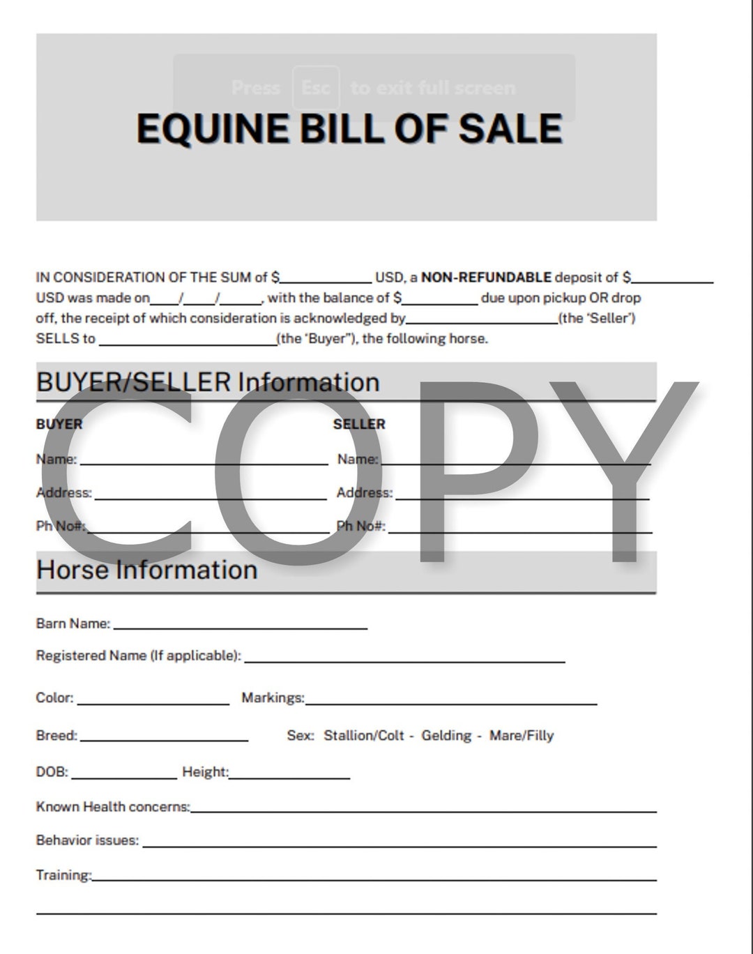 Equine Bill of Sale Etsy