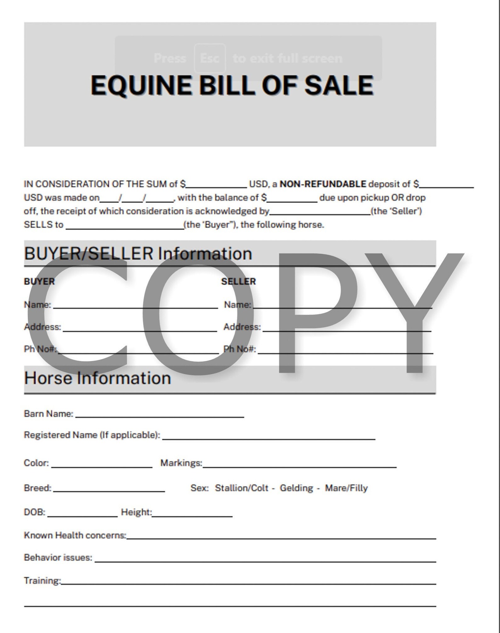 Equine Bill of Sale Etsy