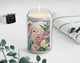 Abstract Painting of Beautifull Pig with Rose Flowers - Scented Candle, 13.75oz