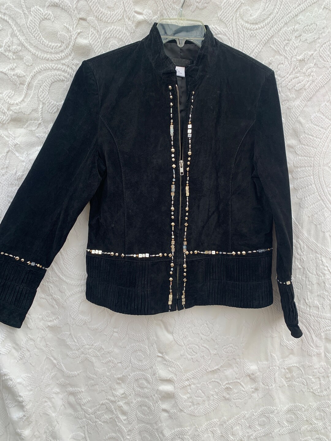 Suede Collar Zip-Front Denim Jacket