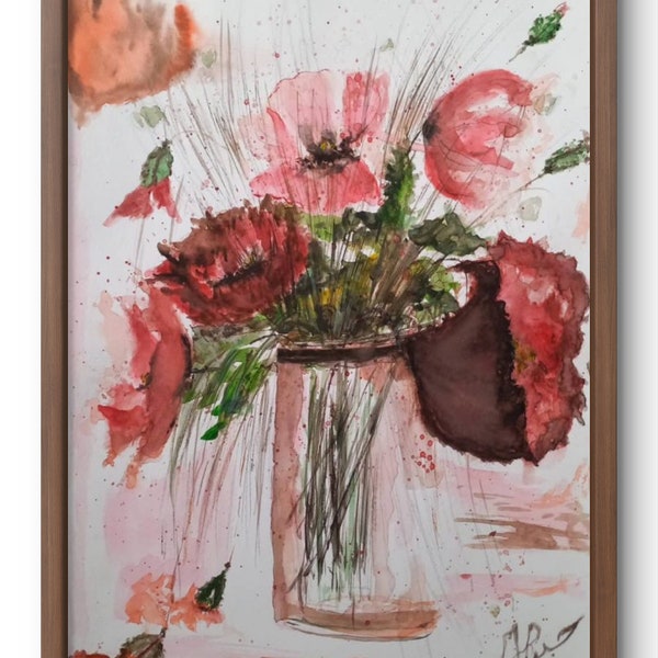 Aquarelle originale vase coquelicots