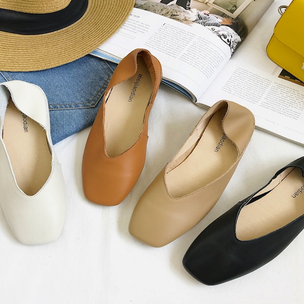 Soft Leather Flat Shoes | Simple Square Toe Flats | Vintage Slip On Shoes | Minimalist Handmade Comfortable Slippers | Neutral Slide On Shoe