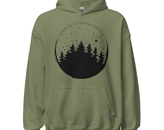 Sudadera con capucha "Into the Forest" - Sudadera con capucha PNW Nature - Montañas, árboles y estrellas - Regalo para amantes de la naturaleza - Diseño negro