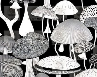 Mushrooms In Black and White Print 5