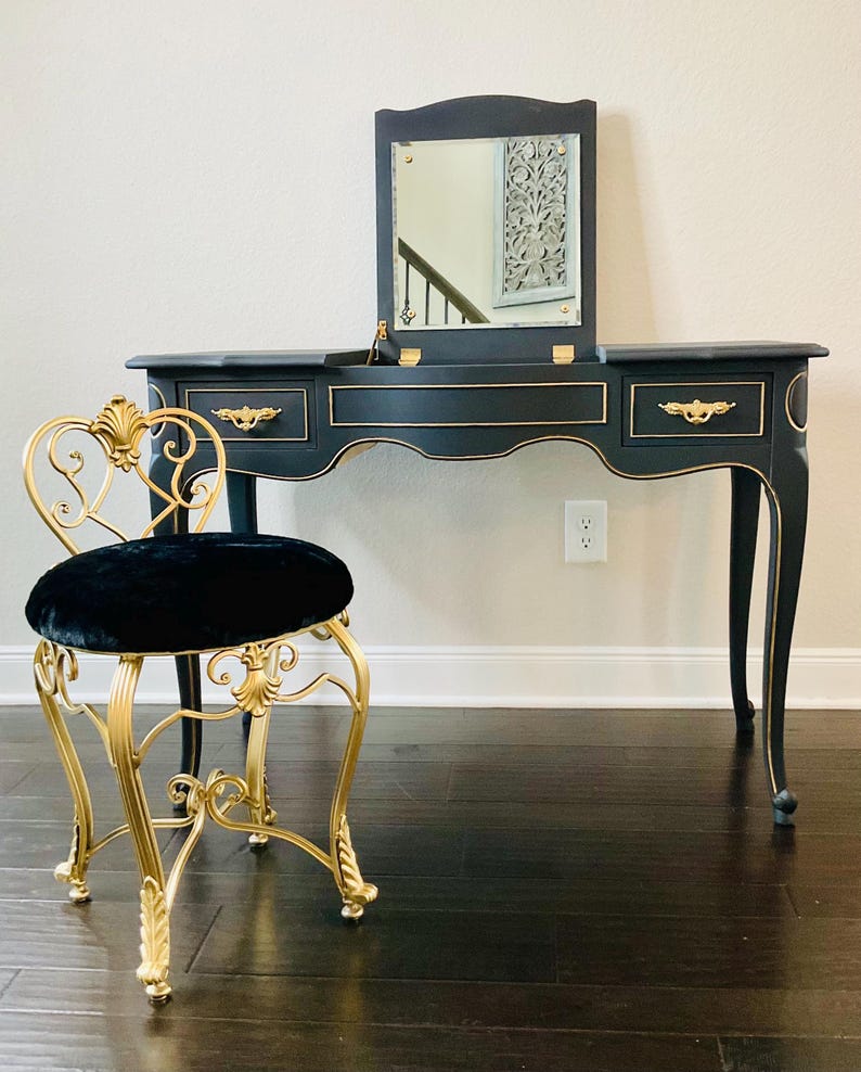 One-of-a-kind Black & Gold French Vanity With Mirror + Upholstered ...