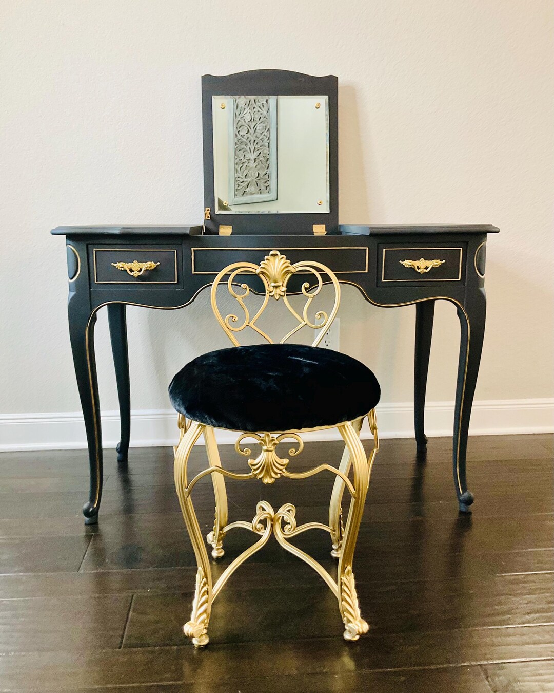 One-of-a-kind Black & Gold French Vanity With Mirror + Upholstered ...