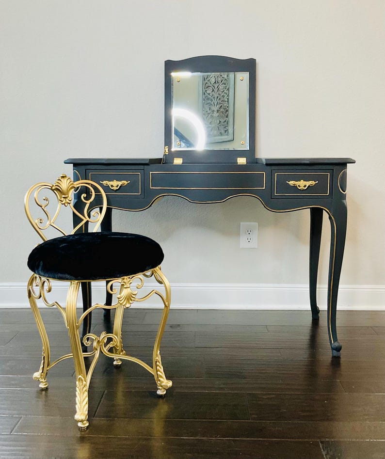 One-of-a-kind Black & Gold French Vanity With Mirror + Upholstered ...