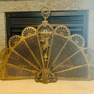 Antique Fan Fireplace Screen Solid Brass Large "Peacock" Art Deco Design 1940's