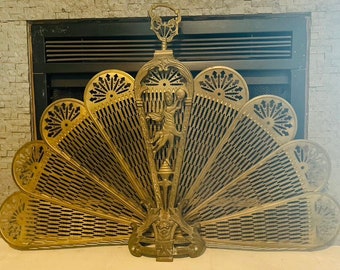 Antique Fan Fireplace Screen Solid Brass Large "Peacock" Art Deco Design 1940's