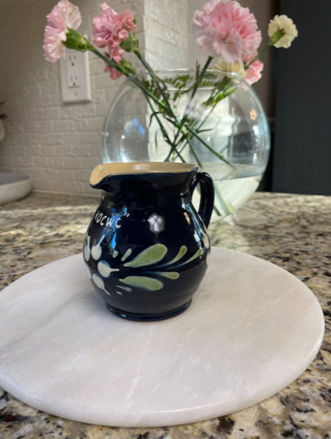 Vintage French Blue Ceramic Pitcher With Flowers Etsy