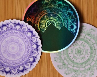 Mandala Sticker Set || White, Clear, Holographic 3" vinyl die-cut waterproof stickers, purple lover, nature, mandala, zentangle, sunset