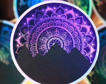 Holographic Sunset Mandala Sticker: 3-inch Waterproof Vinyl Die-Cut for Nature Lovers and Hikers