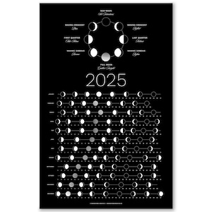 Calendario de fases lunares 2025 (ENVÍO PLANO) - Póster de pared lunar oscuro para colgar - Regalo único, seguimiento lunar, decoración y arte de pared, decoración astrológica