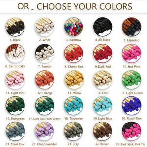 May include: A selection of 25 different colored matchsticks, each with a unique color or color combination. The matchsticks are arranged in rows of five, with each row labeled with a number and a color name. The colors include black, white, rainbow, cherry red, dark red, hot pink, light pink, orange, yellow, ecru, light green, evergreen, dark sea foam green, turquoise, light blue, royal blue, steel blue, lilac/lavender, gray, brown, and black stick with a pink tip.