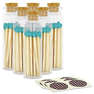 2&quot; Aqua Blue Matches in 6 Glass Bottles w/ Cork Top, Striker & 20 Quality Artisan Matches Each Bottle 120+ Total-Striking Stickers Included