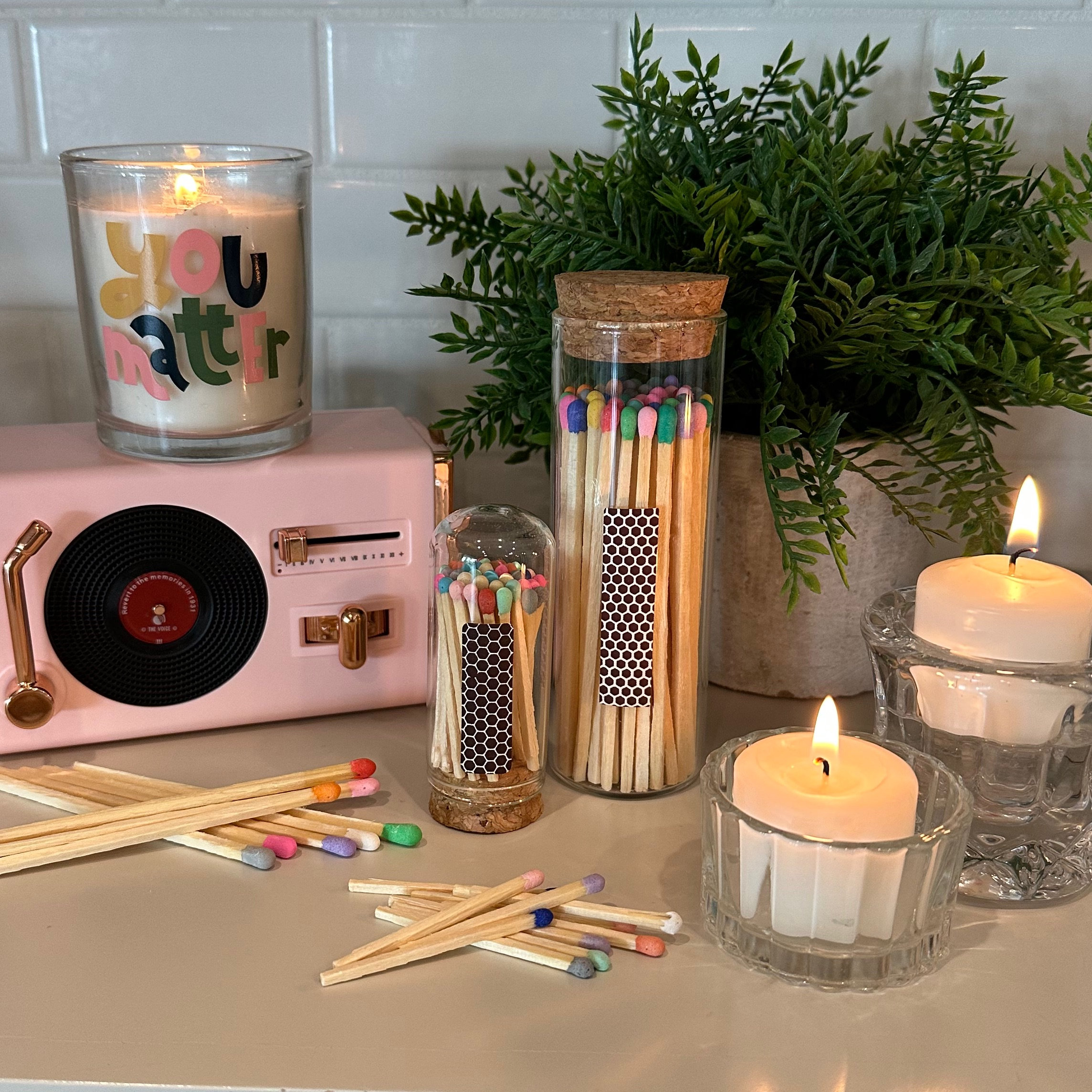 4 Rainbow Artisan Matches in a Chic Glass Jar, Cork Lid striking