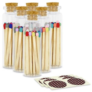 2&quot; Rainbow Matches in 6 Glass Bottles w/ Cork Top Striker & 20 Quality Artisan Matches Each Bottle (120+ Total) Striking Stickers Included