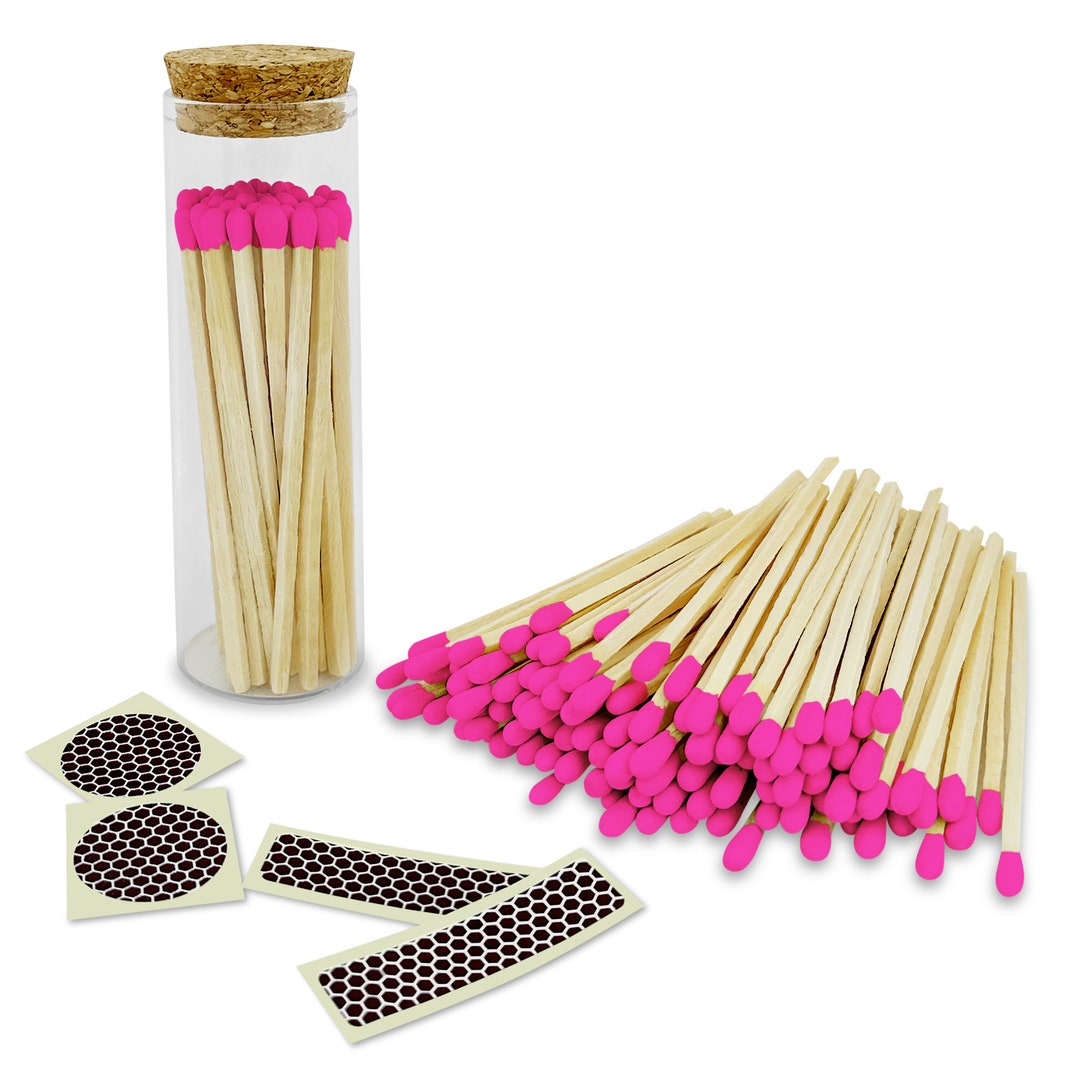 Pink Matches Sticker 4” Hot Pink Artisan Matches in a Chic Glass Jar, Cork Lid (striking ...
