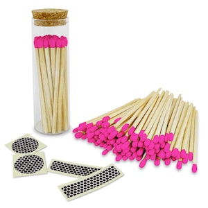 4” Hot Pink Artisan Matches in a Chic Glass Jar, Cork Lid (Striking Stickers Included)
