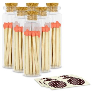 2&quot; Peachy Orange Matches in 6 Glass Bottles w/ Cork Top & 20 Quality Artisan Matches Each Bottle 120+ Total-Striking Stickers Included