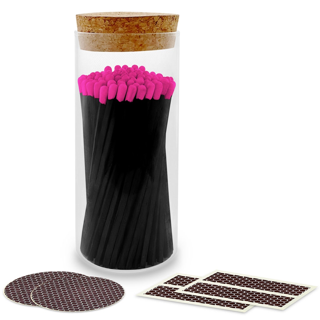 Pink Matches Sticker 4” Black Stick, Pink Tip Artisan Matches (100 Ct) in a Large Chic Glass ...