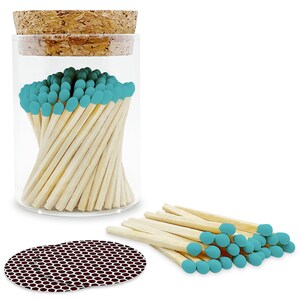 2” Aqua Blue Small Artisan Matches in a Chic Jar, Cork Lid (Striking Stickers Included)