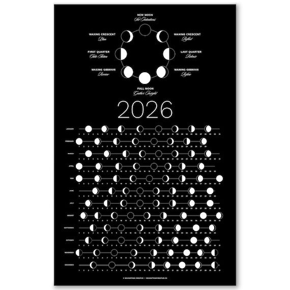 2026 Dark Moon Phase Calendar (SHIPS FLAT) Hangable Dark Lunar