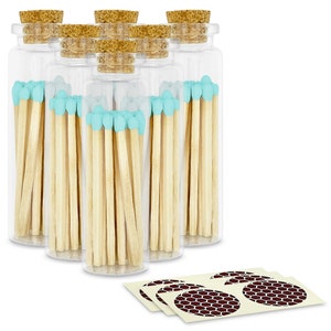 2&quot; Light Blue Matches in 6 Glass Bottles w/ Cork Top, Striker & 20 Quality Artisan Matches Each Bottle 120+ Total-Striking Stickers Included