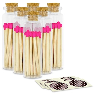 Hot Pink 2&quot; Matches in 6 Glass Bottles w/ Cork Top, Striker & 20 Quality Artisan Matches Each Bottle 120+ Total (Striking Stickers Included)