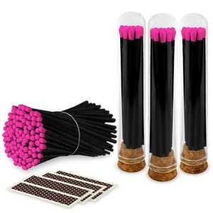 4” Black Stick, Pink Tip Long Artisan Matches in 3 Chic Mini Glass Cloches / Dome Jars, Cork Lids (Striking Stickers Included)