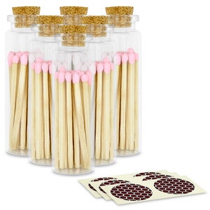 2&quot; Light Pink Matches in 6 Glass Bottles w/ Cork Top, Striker & 20 Quality Artisan Matches Each Bottle 120+ Total-Striking Stickers Included