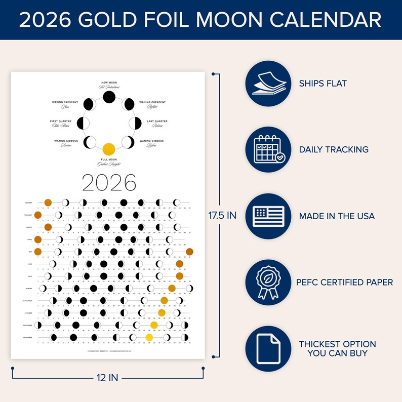 2026 Moon Phase Calendar (SHIPS FLAT) - Hangable Gold Lunar Wall Poster ...
