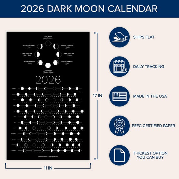 2026 Dark Moon Phase Calendar (SHIPS FLAT) Hangable Dark Lunar