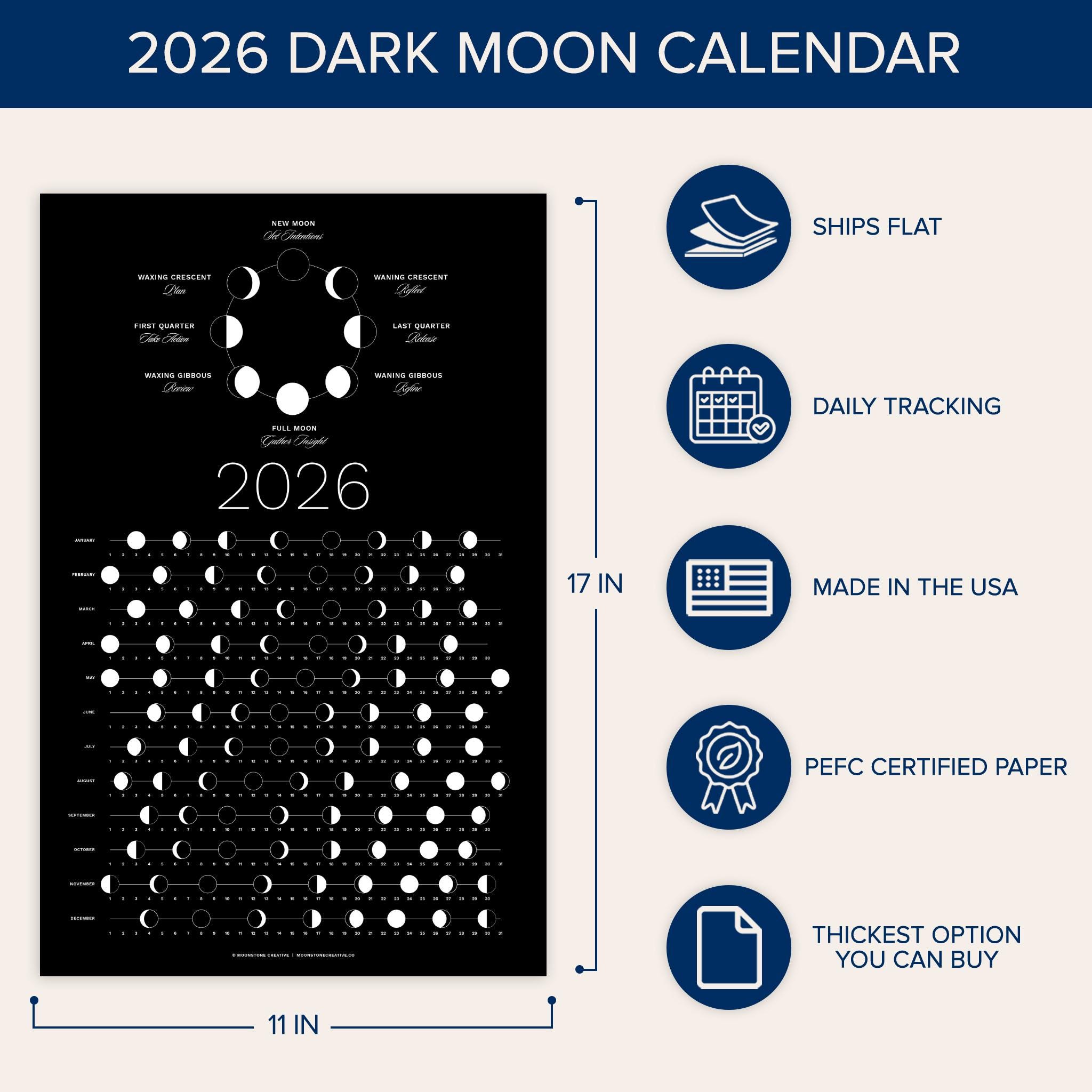 2026 Dark Moon Phase Calendar (SHIPS FLAT) Hangable Dark Lunar