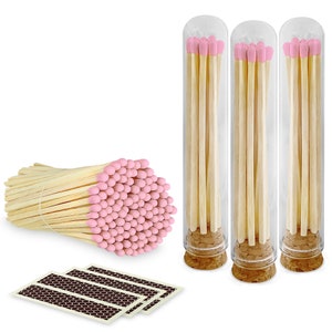 4” Light Pink Long Artisan Matches in 3 Chic Mini Glass Cloches / Dome Jars, Cork Lids (Striking Stickers Included)