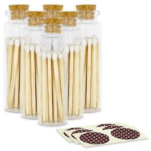 2&quot; White Matches in 6 Glass Bottles w/ Cork Top, Striker & 20 Quality Artisan Matches Each Bottle 120+ Total-Striking Stickers Included