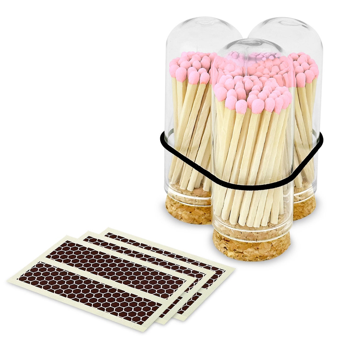 Pink Matches Sticker 2” Light Pink Small Artisan Matches in 3 Chic Mini Glass Cloche Dome ...