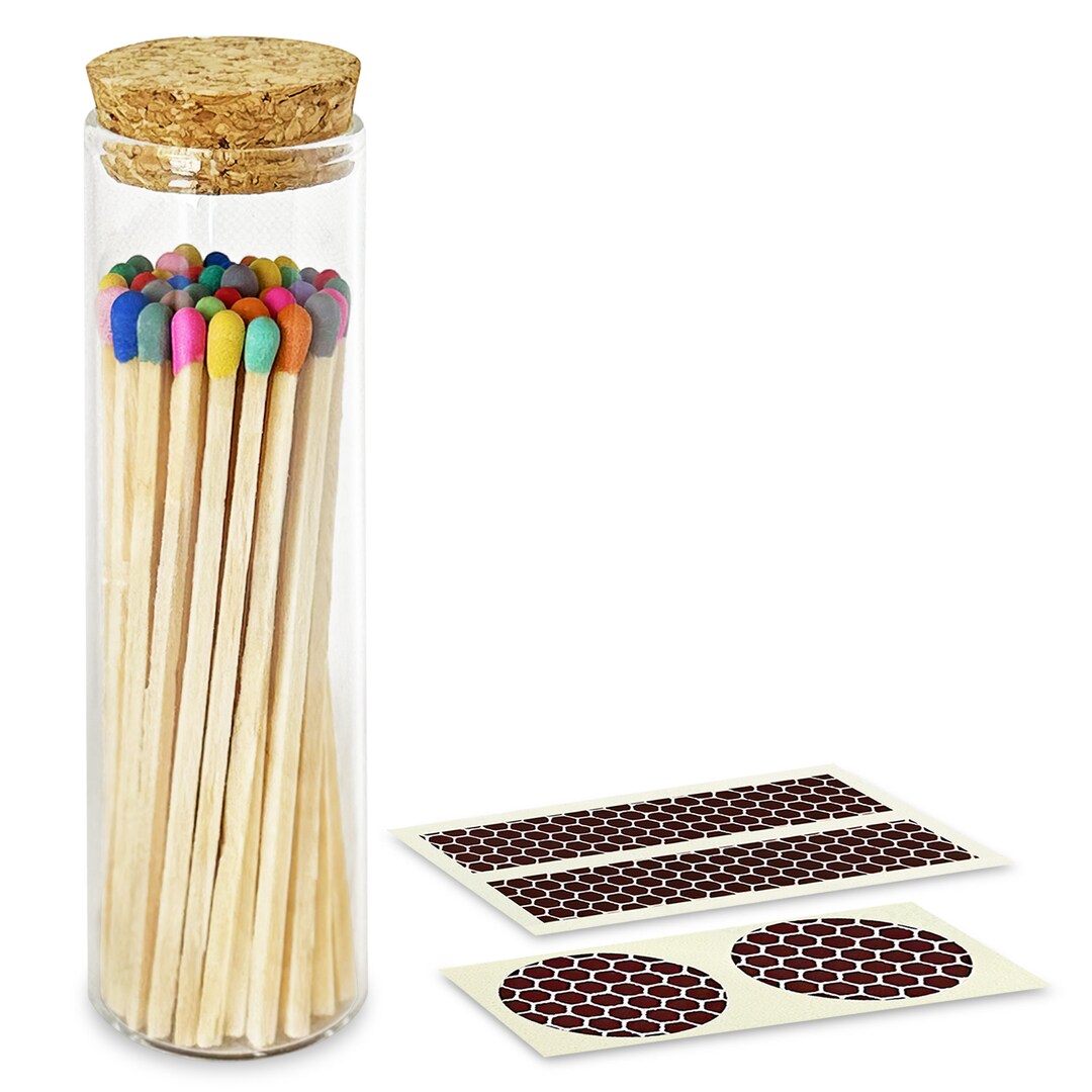 4 Rainbow Artisan Matches in a Chic Glass Jar, Cork Lid striking