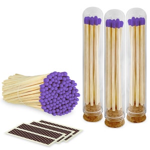 4” Purple Long Artisan Matches in 3 Chic Mini Glass Cloches / Dome Jars, Cork Lids (Striking Stickers Included)