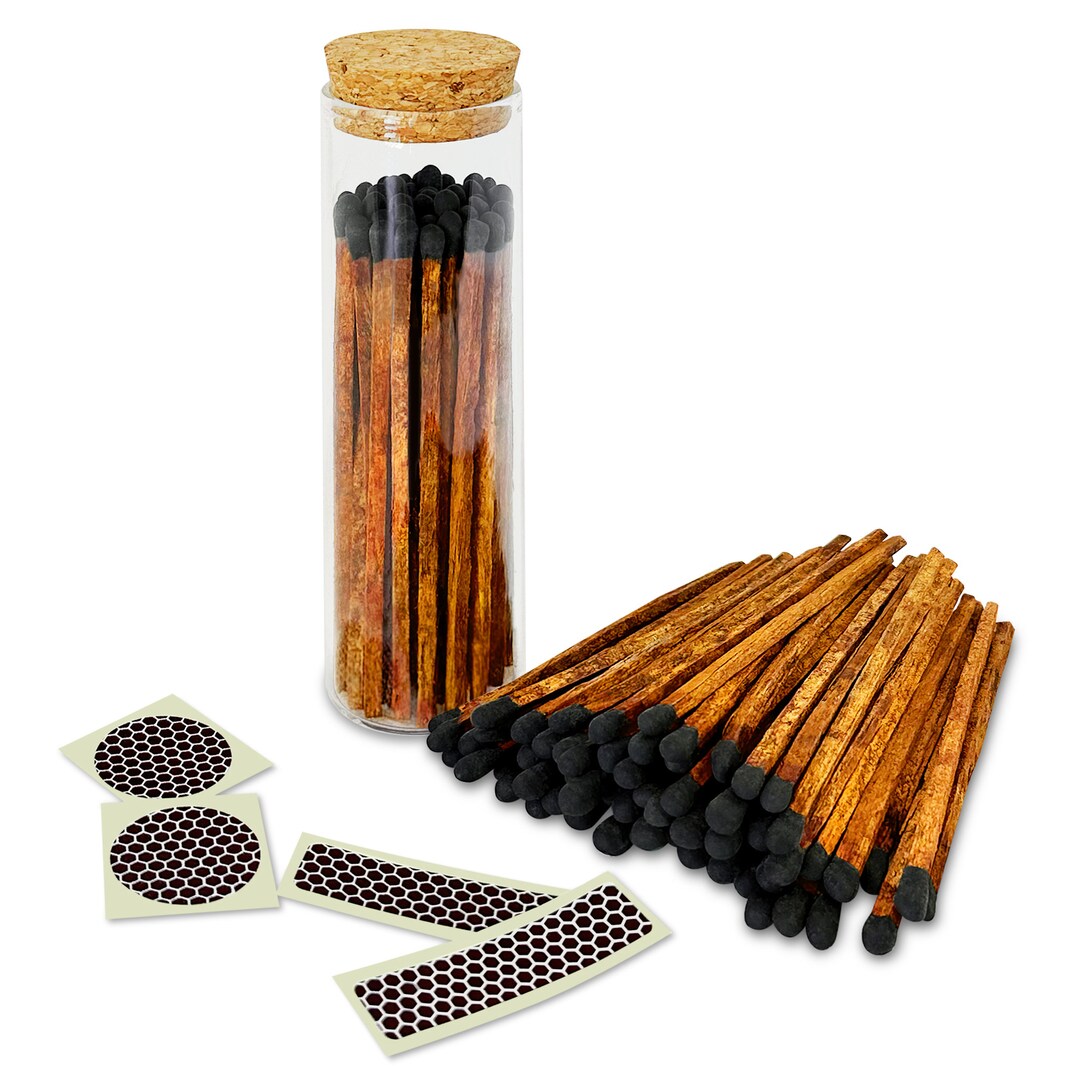 4 Espresso Artisan Matches in a Chic Glass Jar, Cork Lid striking