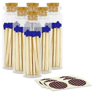 2&quot; Royal Blue Matches in 6 Glass Bottles w/ Cork Top, Striker & 20 Quality Artisan Matches Each Bottle 120+ Total-Striking Stickers Included