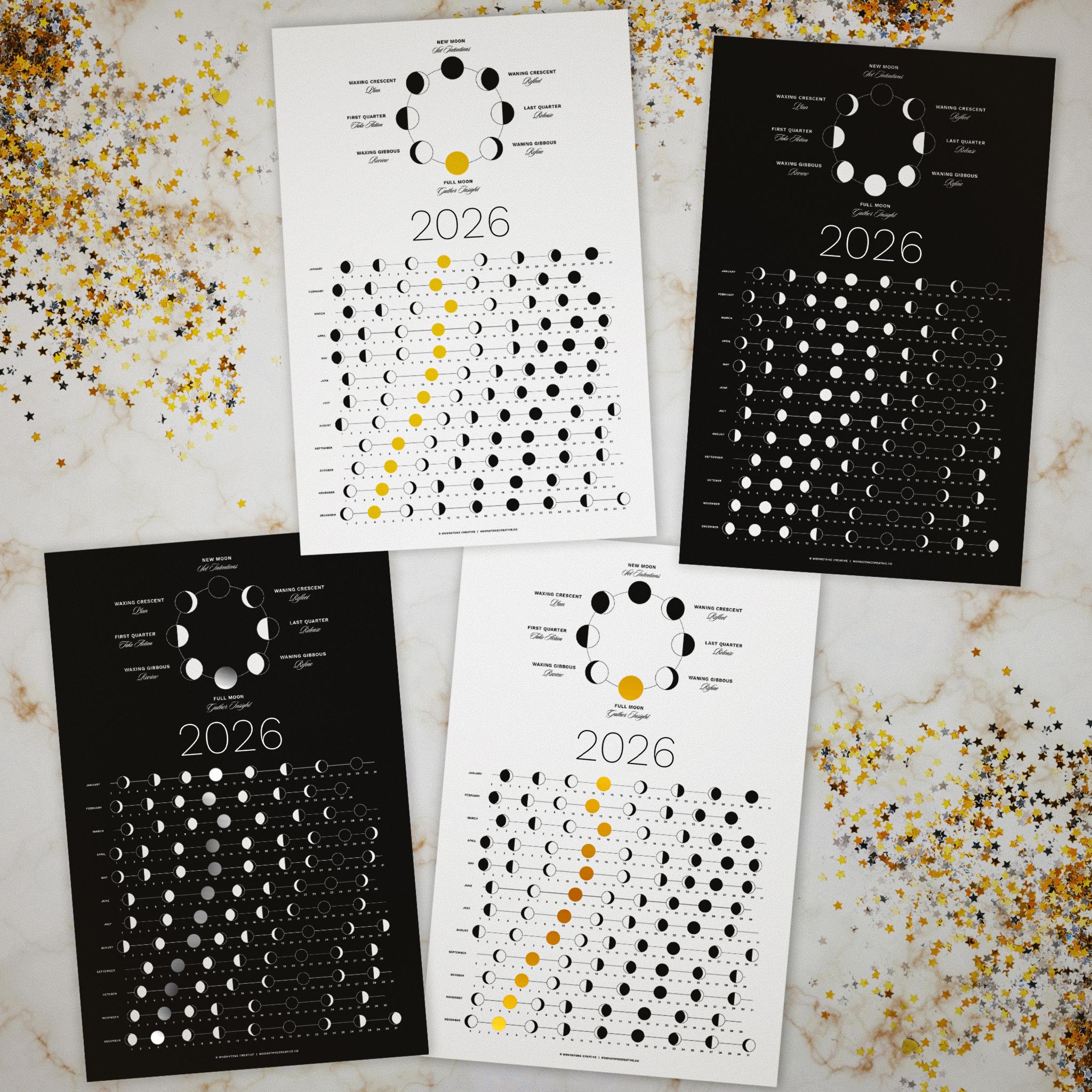 2026 Moon Phase Calendar (SHIPS FLAT) - Hangable Gold Lunar Wall Poster ...