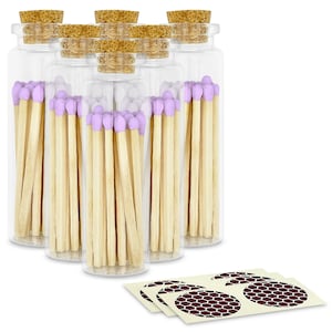 2&quot; Lilac Matches in 6 Glass Bottles with Cork Top, Striker & 20 Quality Artisan Matches Each Bottle 120+ Total (Striking Stickers Included)