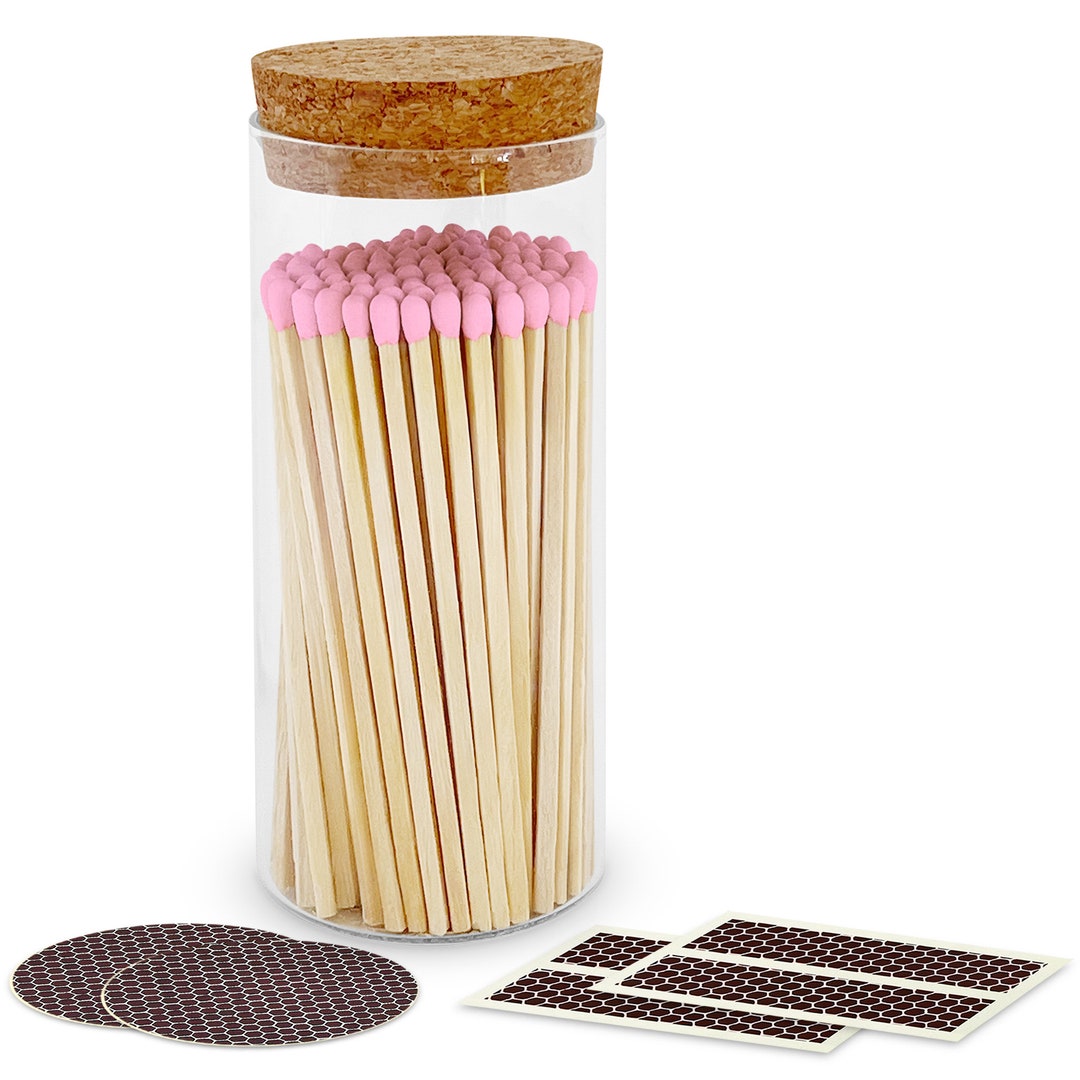 Pink Matches Sticker 4” Light Pink Artisan Matches (100 Ct) in a Large Chic Glass Jar, Cork ...