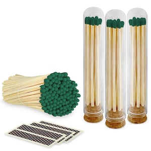 4” Evergreen Long Artisan Matches in 3 Chic Mini Glass Cloches / Dome Jars, Cork Lids (Striking Stickers Included)