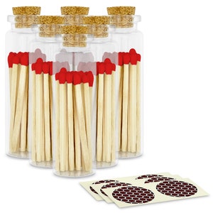 2&quot; Cherry Red Matches in 6 Glass Bottles w/ Cork Top, Striker & 20 Quality Artisan Matches Each Bottle 120+ Total-Striking Stickers Included