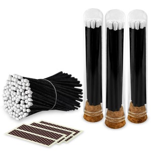 4” Tuxedo Long Artisan Matches in 3 Chic Mini Glass Cloches / Dome Jars, Cork Lids (Striking Stickers Included)